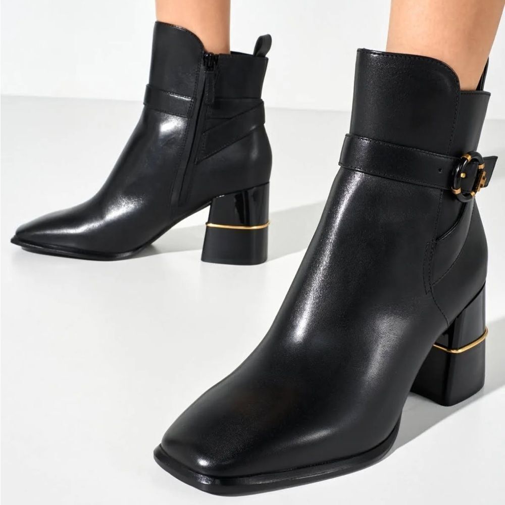 Tory Burch Multi Logo Buckle Boot in black calf leather NWT $498